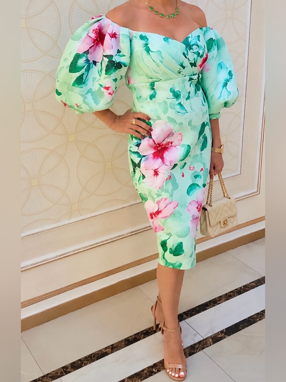 Badgley Mischka, multi floral midi dress 0